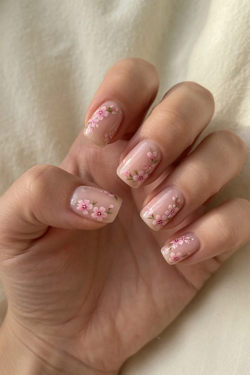 Nježni cvjetni nail art na prozirno ružičastoj bazi