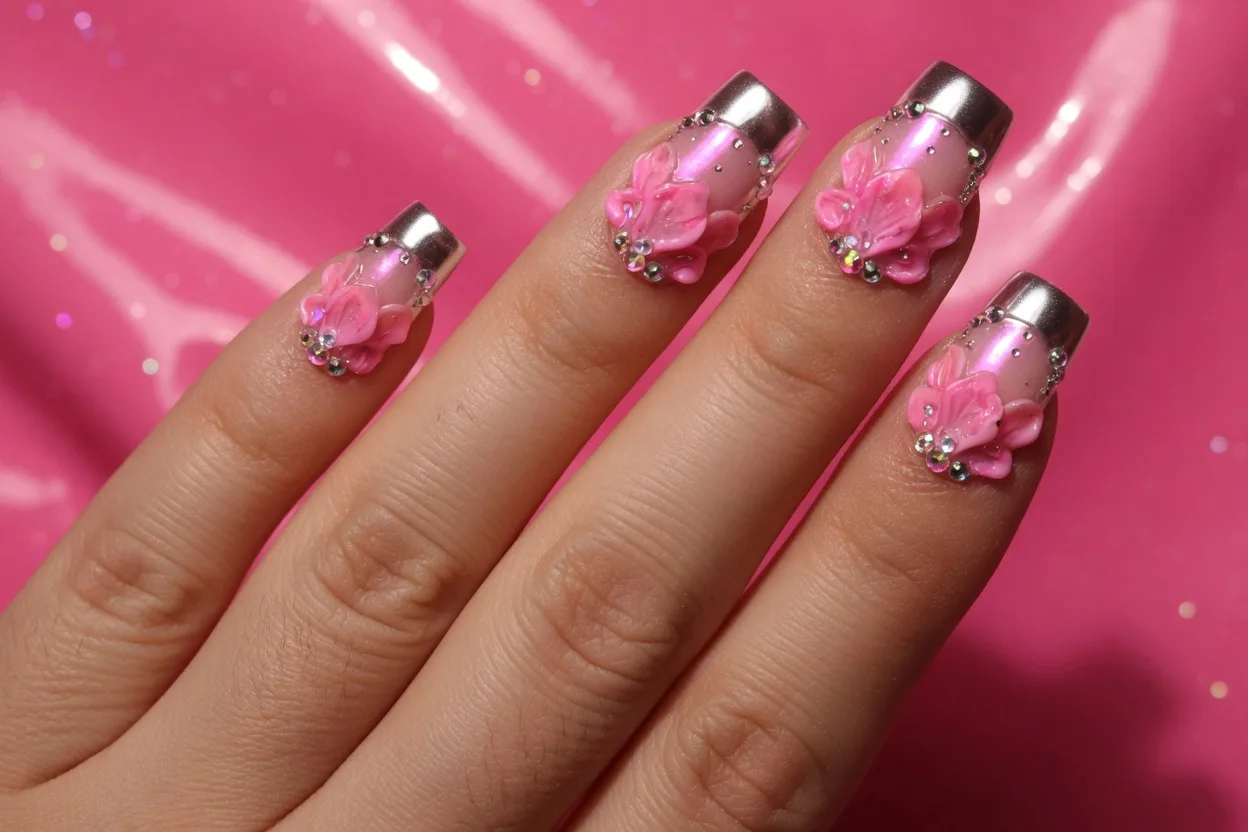 Izraženi nail art s ružičastim cvjetovima, kromiranim vrhom i cirkonima